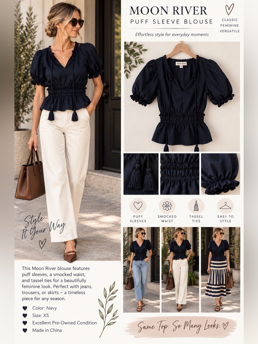 Anthropologie Moon River Navy Puff Sleeve Smouse with Tassel Ties